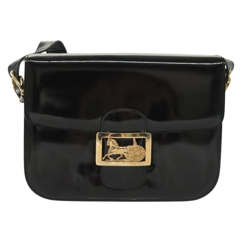 Authentic CELINE Horse Carriage Shoulder Bag Patent leather Black Gold - Picture 9 of 16